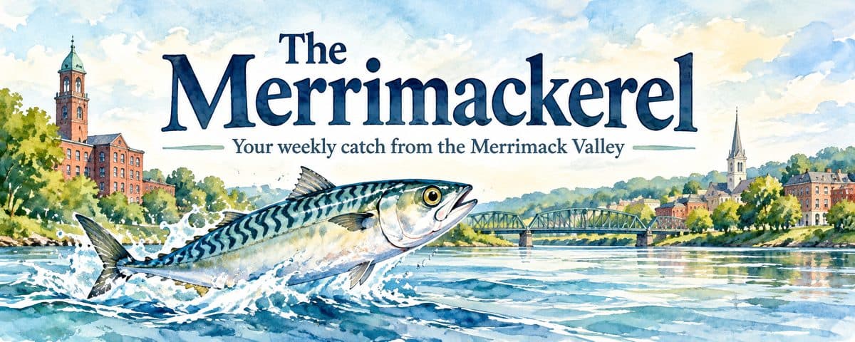 Watercolor of a mackerel leaping above the Merrimack River